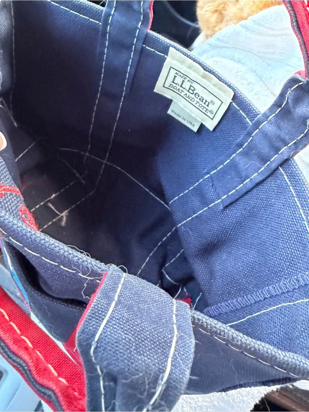 L.L. Bean Navy and Red Personalized “Ian” mini Boat & Tote with Boy Embroidery